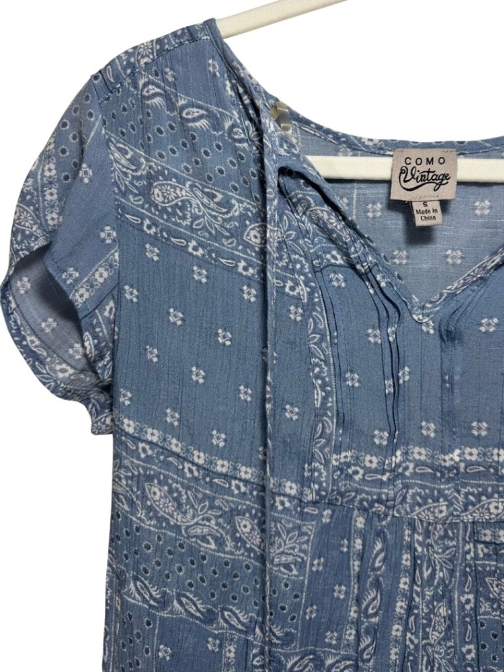 Como Vintage Paisley Top Medium Blue Bandana Print Boho Short Sleeve